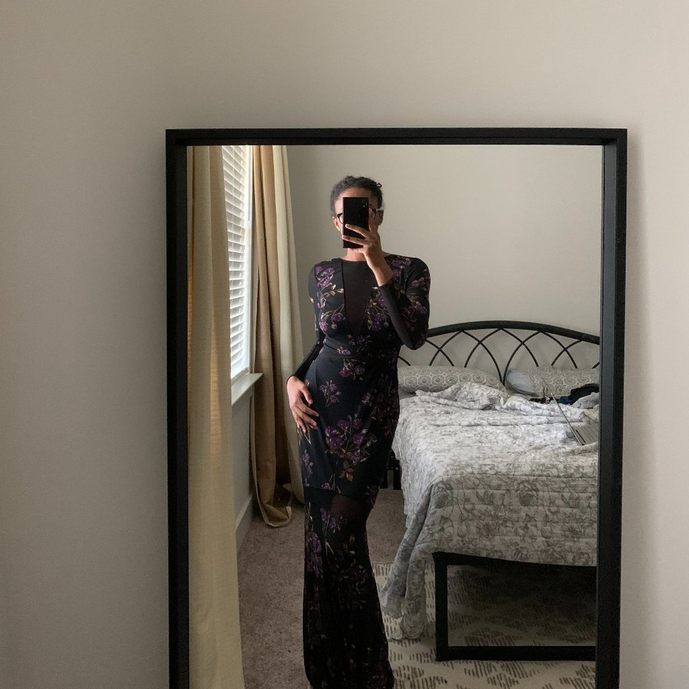 NBD Black Floral Backless Long Sleeve Maxi Dress